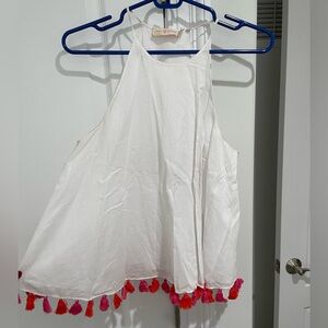 Tory Burch White High Neck Top with Pink and Orange Tassels. Never used. No tags
